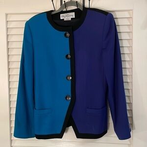Oleg Cassini Turquoise Blue Button Down Black Bordered Vintage Jacket